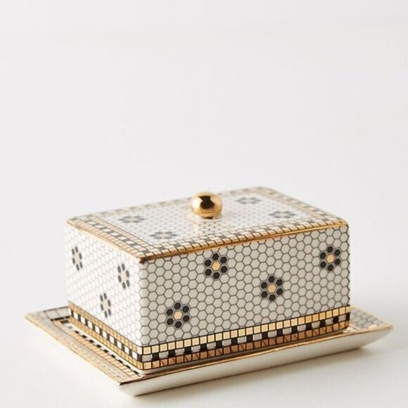 Anthropologie Bistro Tile Butter Dish Hello NEW French Gold Black White - Picture 3 of 3